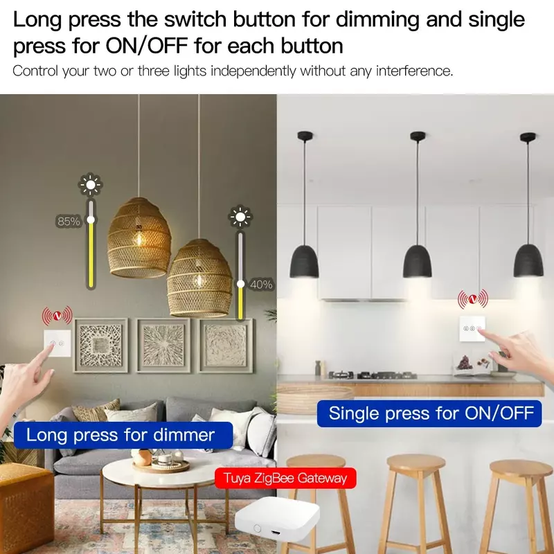 ZigBee Smart Multi-Gang Light Dimmer Switch, Controle Independente, Tuya App Control, Funciona com Alexa, Google Home, 1 Gang, 2 Gang, 3 Gang