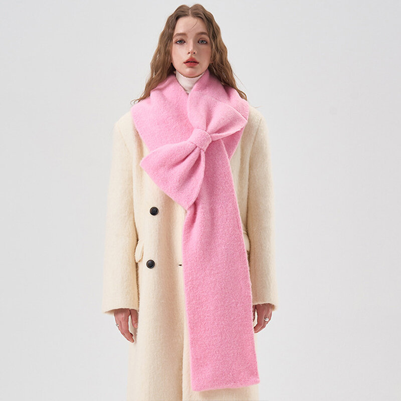 Шарф ручной работы с розовым бантом, Мягкая шерстяная мохеровая кашемировая зимняя утепленная шаль, шейный теплый шарф, женские аксессуары для подарка на день рождения