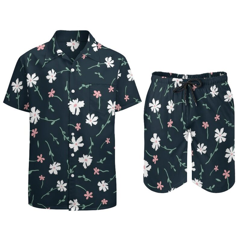Daisies Floral Men Sets Lovely Doodle Flowers Hawaii Casual Shirt Set Short Sleeve Graphic Shorts Summer Beach Suit Plus Size