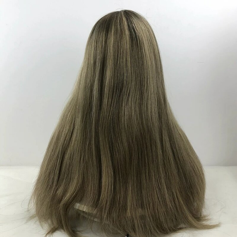 Peruca de cabelo humano kosher-remy para mulheres brancas, marrom com destaques, estilo reto longo, top de renda suíço, sheitels de pequena camada