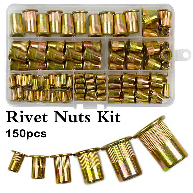 Cabeça chata Rivet Nut Gun Box, Inser de mão pesada cega, Mandris manuais, Ferramenta Auto Rivet, 150pcs, M3, M4, M5, M6, M8, M10, BT605
