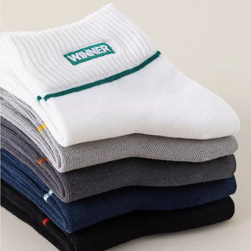 Calcetines deportivos de Color sólido para hombre, medias de tubo medio, absorbentes de sudor, transpirables y cómodas, 5 pares, Otoño e Invierno