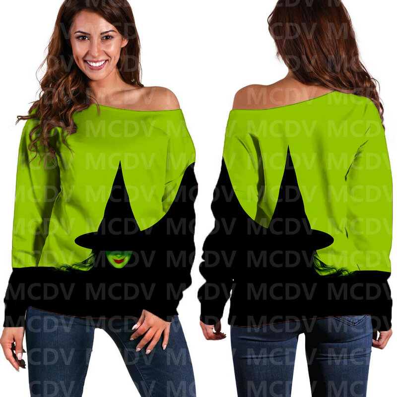 Women's Off Shoulder Sweater Halloween Witch 3D Printed Women Casual Long Sleeve Sweater Pullover