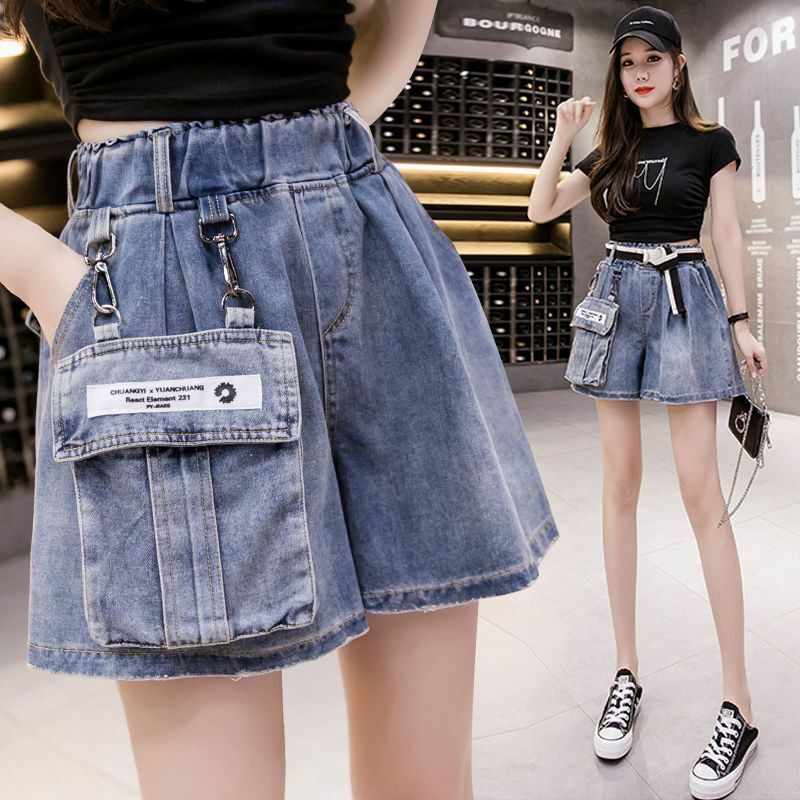 Elastische Taille Workwear Denim Shorts für Frauen 2024 neue Sommer lässige abnehmbare Taschen zum Tragen von Hosen mit weitem Bein draußen