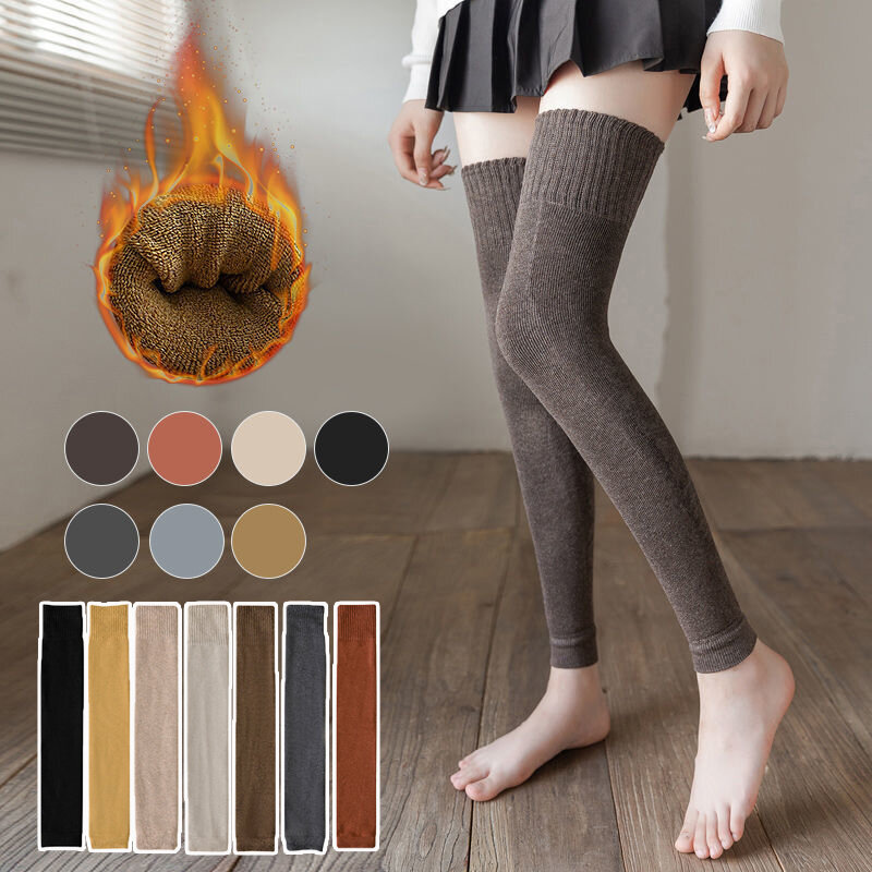 Kaus kaki rajut wanita, Legging hangat di atas lutut warna Solid, kaus kaki tabung panjang wol hangat lengan kaki katun musim dingin