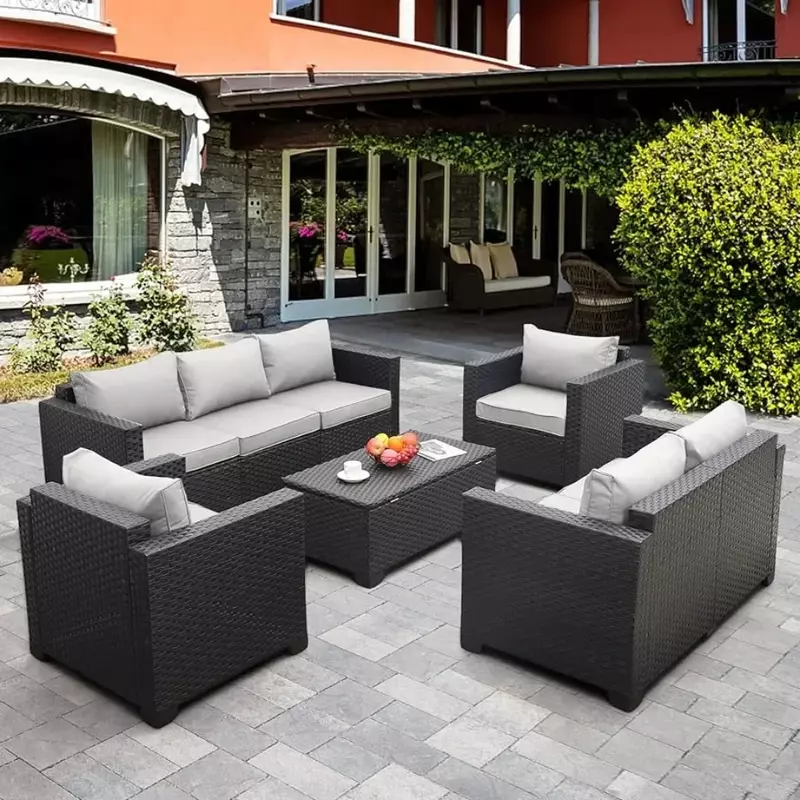 Garden Chair 5-Piece Set, Wicker Sectional Couch with Storage Table, Patio Outdoor Garden Chair