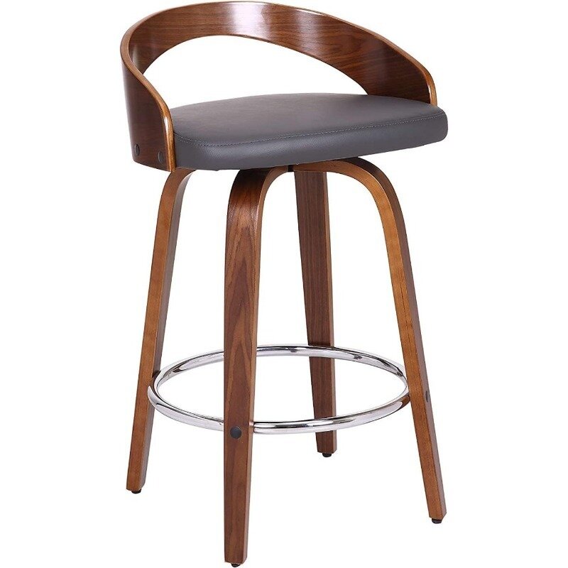 Sonia 26" Counter Height Swivel Grey Faux Leather and Walnut Wood Bar Stool