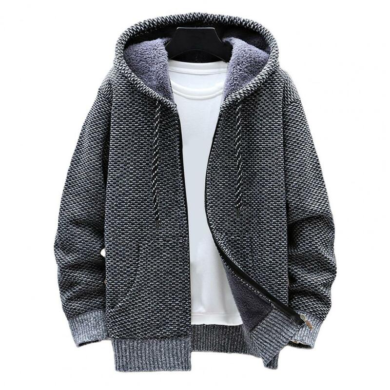 Suéter de cardigan com capuz forrado pelúcia masculino, zíper, casaco manga comprida, bolsos com cordão, masculino, inverno