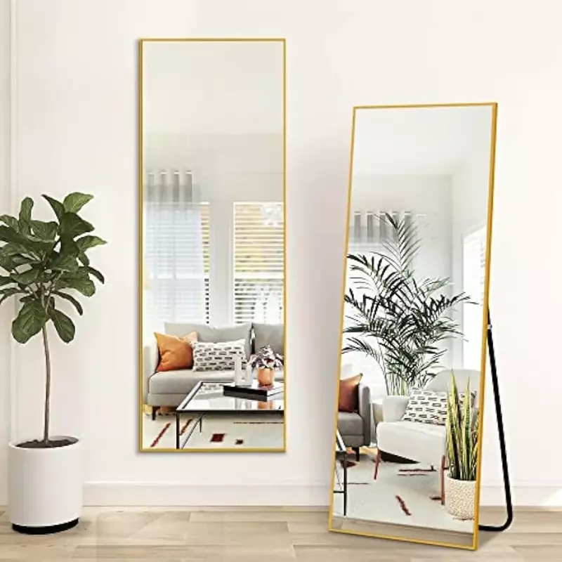 Espejo de piso a techo, montaje en pared de longitud completa 60x20, marco de aluminio, espejo de tocador con soporte, dorado