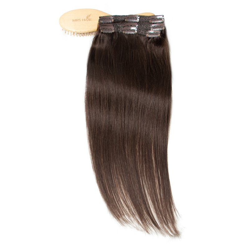 Brązowe doczepy z ludzkich włosów Clip In 3 sztuk/partia jedwabne proste naturalne włosy Clip-On podwójny wątek 16 "-20" naturalne miękkie dla objętości