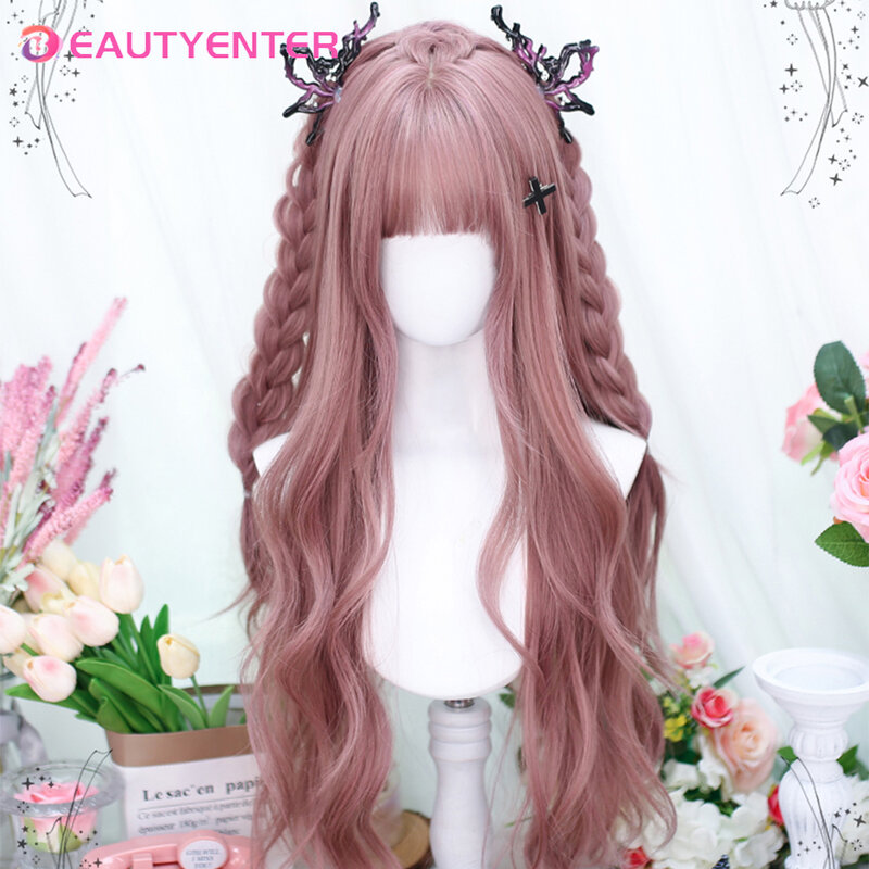 BEAUTYENTER-Peluca de cabello sintético para mujer, cabellera artificial largo y ondulado con flequillo, color rosa, estilo Lolita, resistente al calor