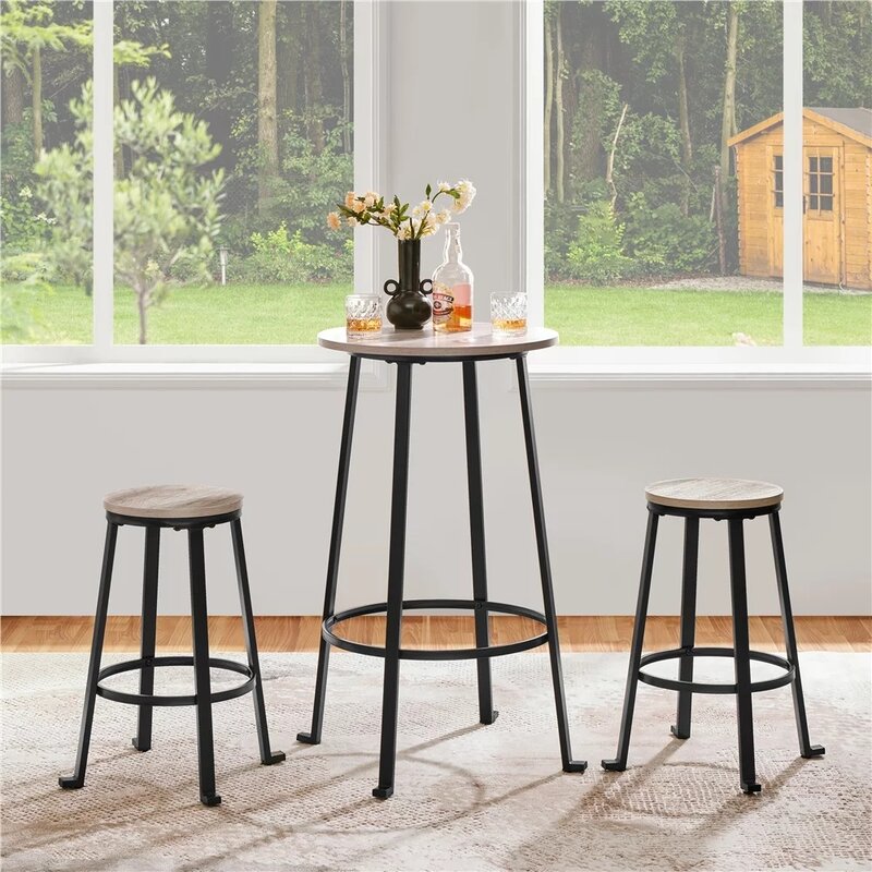 3-Piece Wooden Bistro Bar Set with Metal Legs for Kitchen, Gray