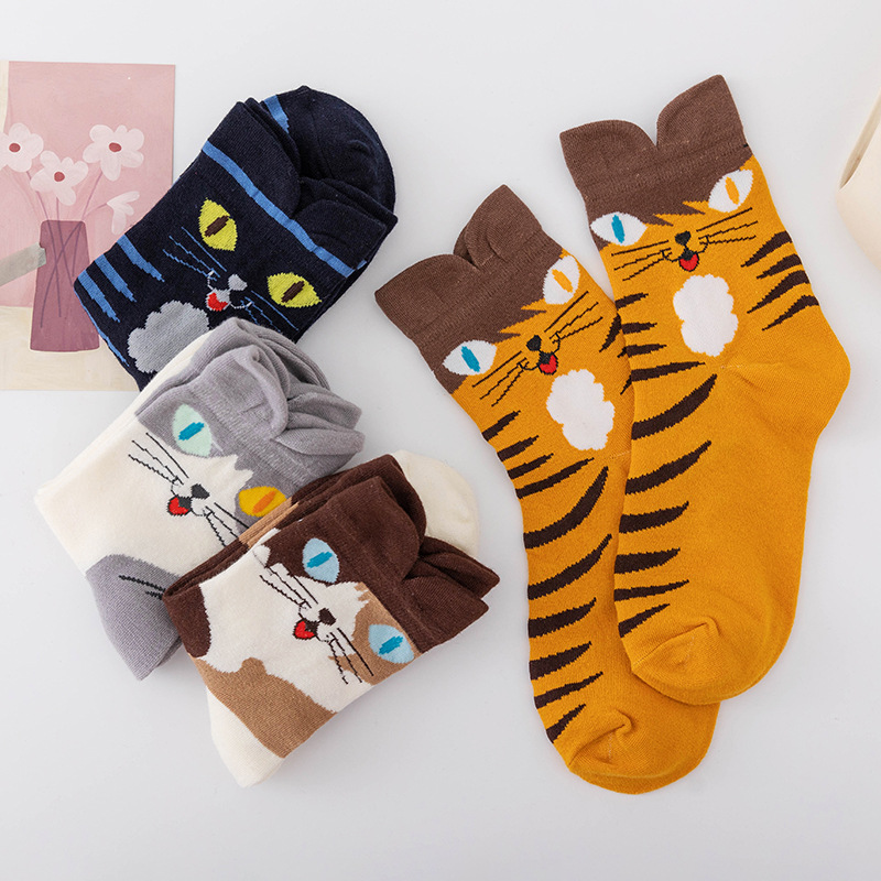 Chaussettes en coton Harajuku pour femmes, chaussettes de chat de dessin animé, bonneterie de printemps et d'été 3D chaton drôle, bas de mode Sox, accessoires de vêtements