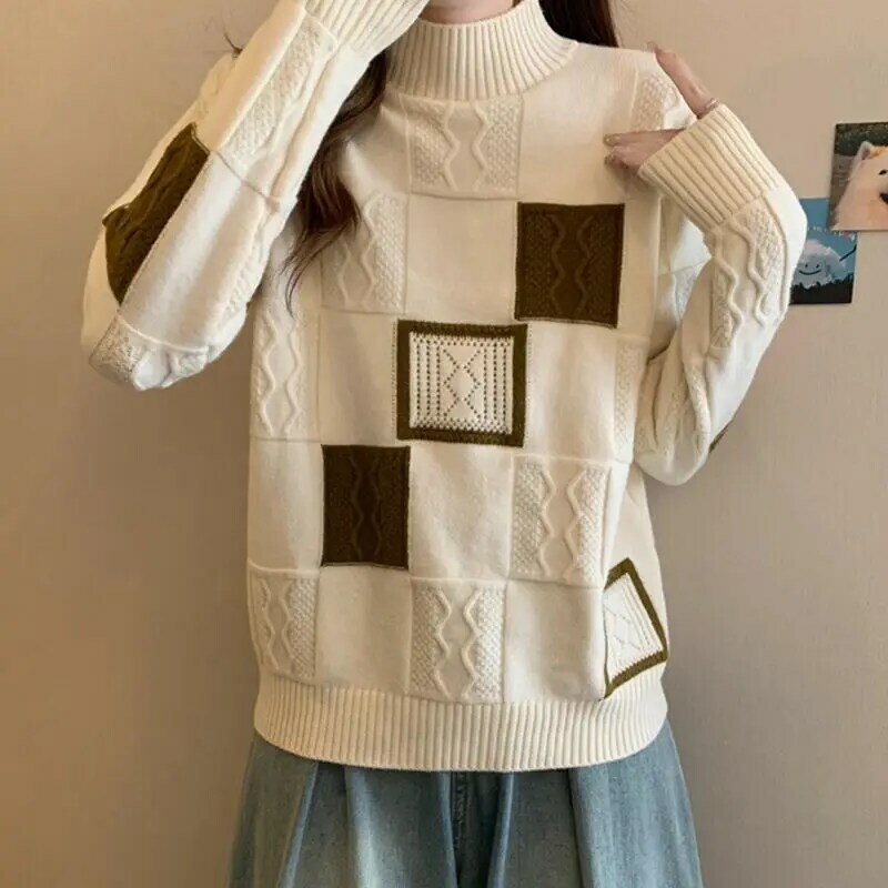 한국 격자 무늬 접합 점퍼, 가을 겨울 여성 의류, 자카드 직조, 세련된 나사 실, 느슨한 니트 스웨터