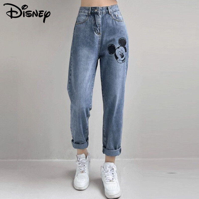 Disney-Jeans feminino mickey casual de cintura alta, calça jeans com estampa de desenho animado, harém feminino solto, nova tendência, primavera e verão