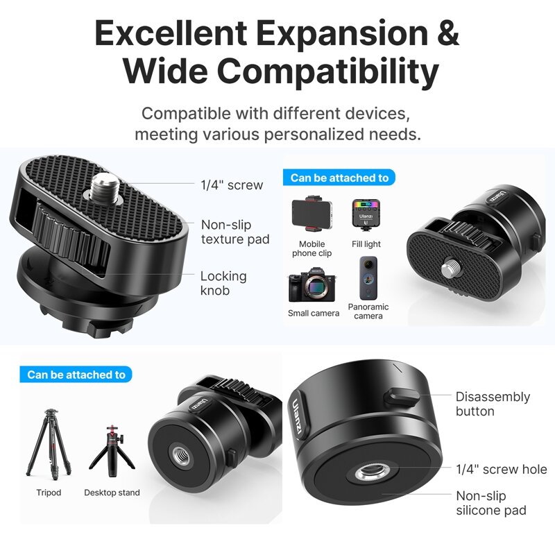 Ulanzi Go-Quick II 1/4" Screw Adapter Mount Compatible with Panoramic Camera Video Light Phone Holder Tripod