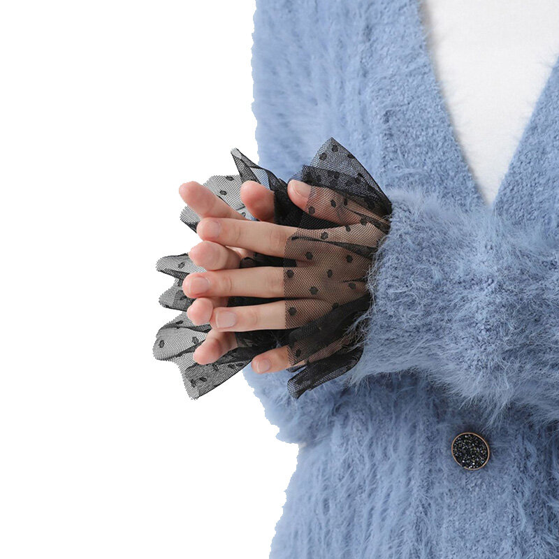 Fashion Female Sweater Fake Sleeves Hollow Crochet Lace Ruffles Horn Cuffs Wrist Warmers False Cuffs