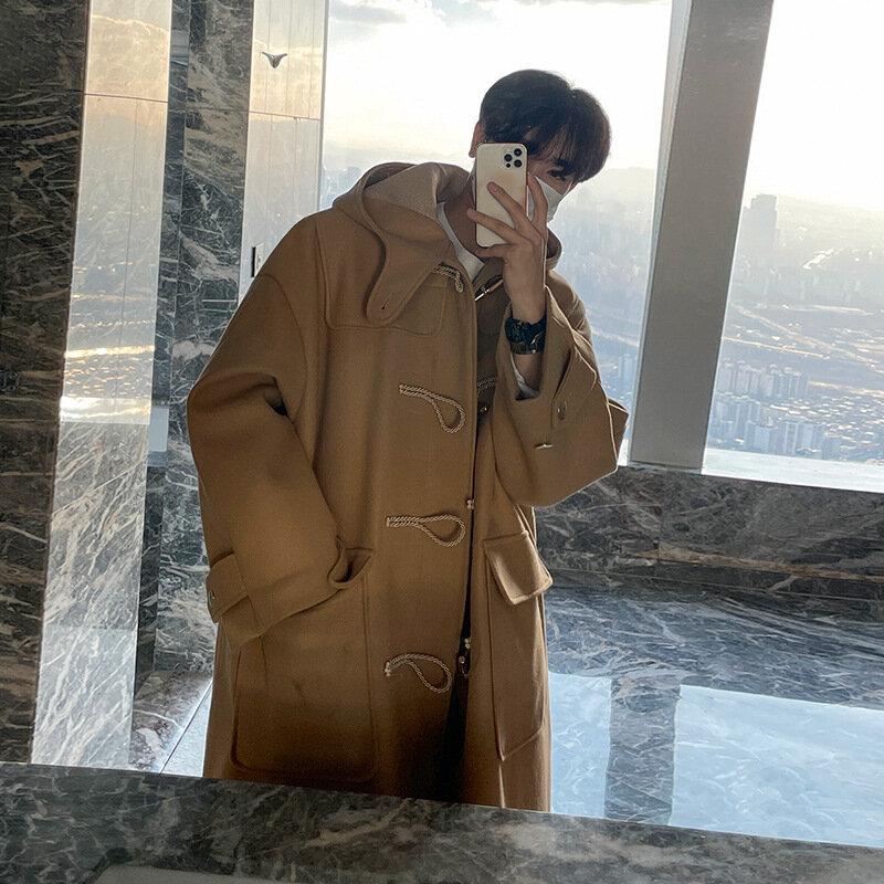 Шерстяное пальто Мужская зимняя Корейская свободная ветровка средней длины на пуговицах в стиле ретро с капюшоном модная верхняя одежда в стиле ретро
