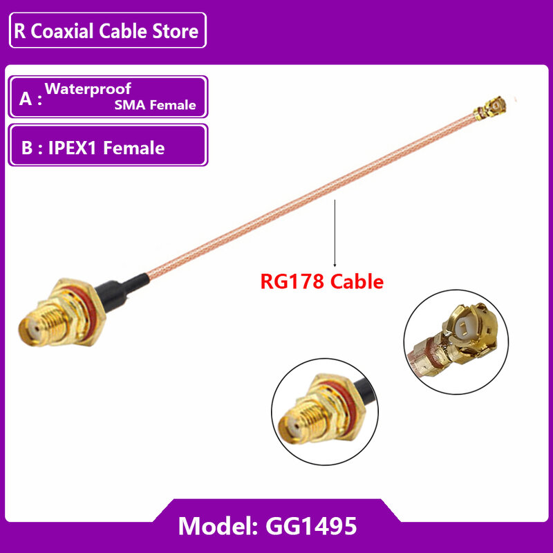 UFL u.FL-Cable de extensión de antena WIFI, adaptador hembra a hembra SMA impermeable, RF Coaxial Pigtail, IPX, IPEX-1, RG178, 1 unidad