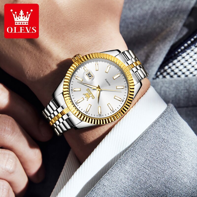 ساعة OLEVS-ساعة كوارتز من علامة تجارية فاخرة للرجال ، أزياء التقويم ، حزام من الفولاذ المقاوم للصدأ ، أصلي ، مضيء ، مقاوم للماء