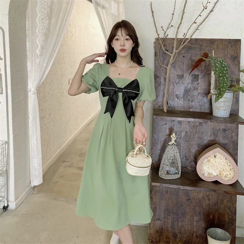 Green Maternity Summer Clothes Fashion Plus Size Pregnant Woman Long Dress Puff Sleeve Ruffle Patchwork Bowknot Pregnancy Dress