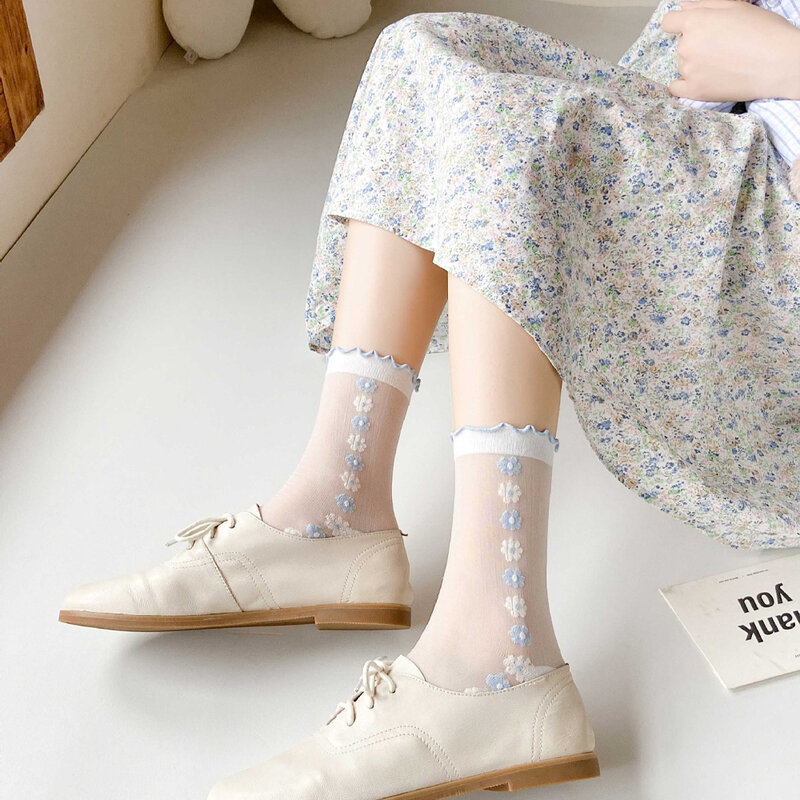 Kaus kaki gaya Harajuku Korea untuk wanita, Kaos Kaki motif kaca Sutra, kaus kaki motif Lolita, kaus kaki motif bunga untuk wanita