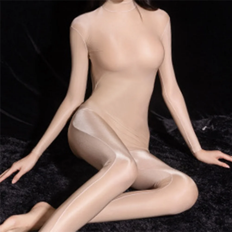 Pakaian dalam wanita Bodysuit mengilap minyak tipis Jumpsuit punggung terbuka tembus pandang stoking tubuh ultra-tipis ketat elastis tinggi Lingerie menggoda