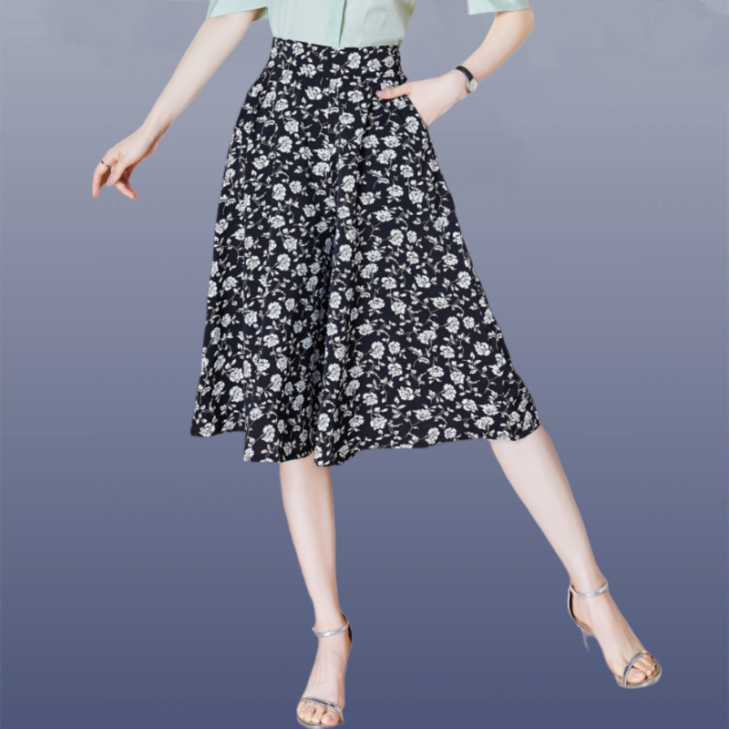 Calças femininas de bolso retas de cintura alta, calças largas estampadas moda verão feminino, roupas confortáveis de comprimento de bezerro, coreano