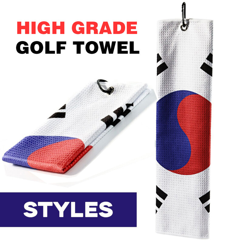 Handuk Golf Bendera Korea Handuk Pantai Katun Cepat Kering Handuk Olahraga Sejuk Lembut Klip Karabiner Tugas Berat