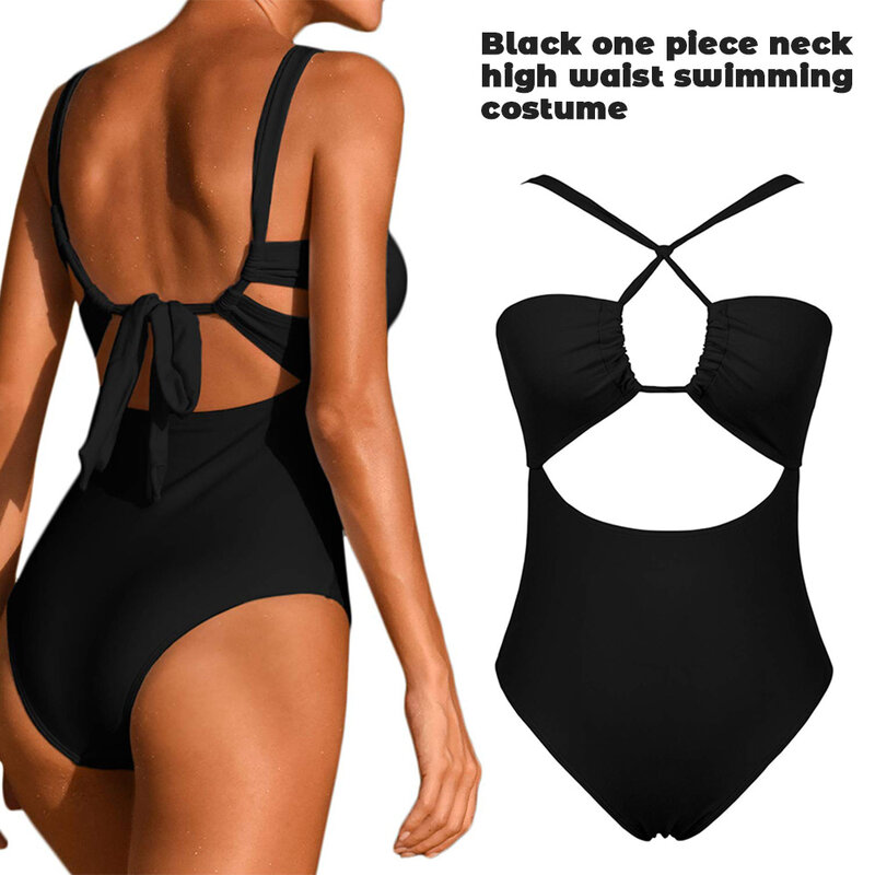 Fatos de banho de uma peça feminina cintura alta sem encosto pendurado pescoço preto material macio fácil de usar confortável cinta biquíni