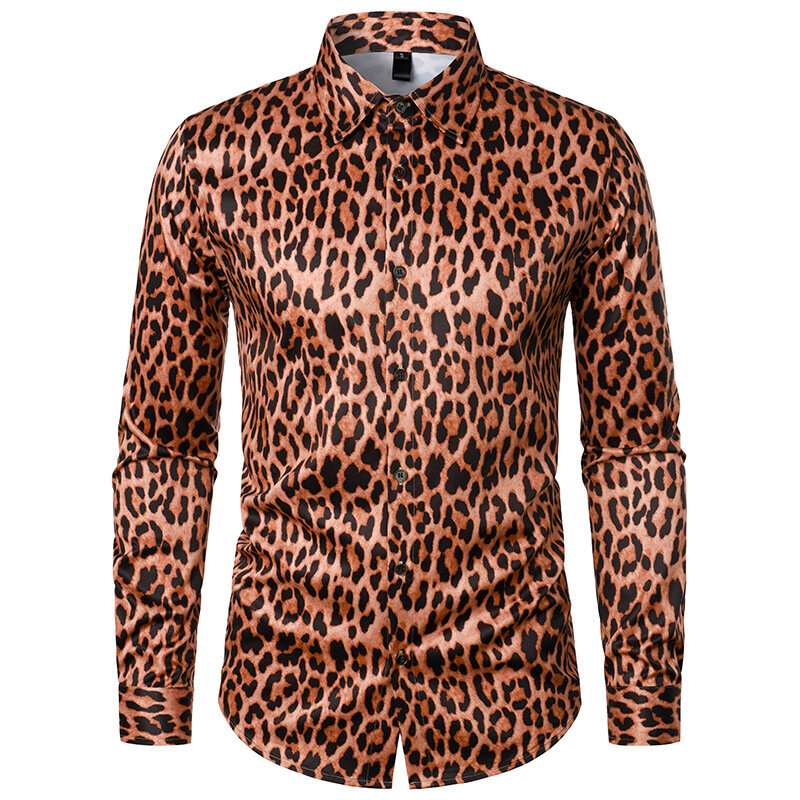 Рубашка мужская с отложным воротником и длинным рукавом, Повседневная модная уличная одежда, топ на пуговицах, с леопардовым принтом