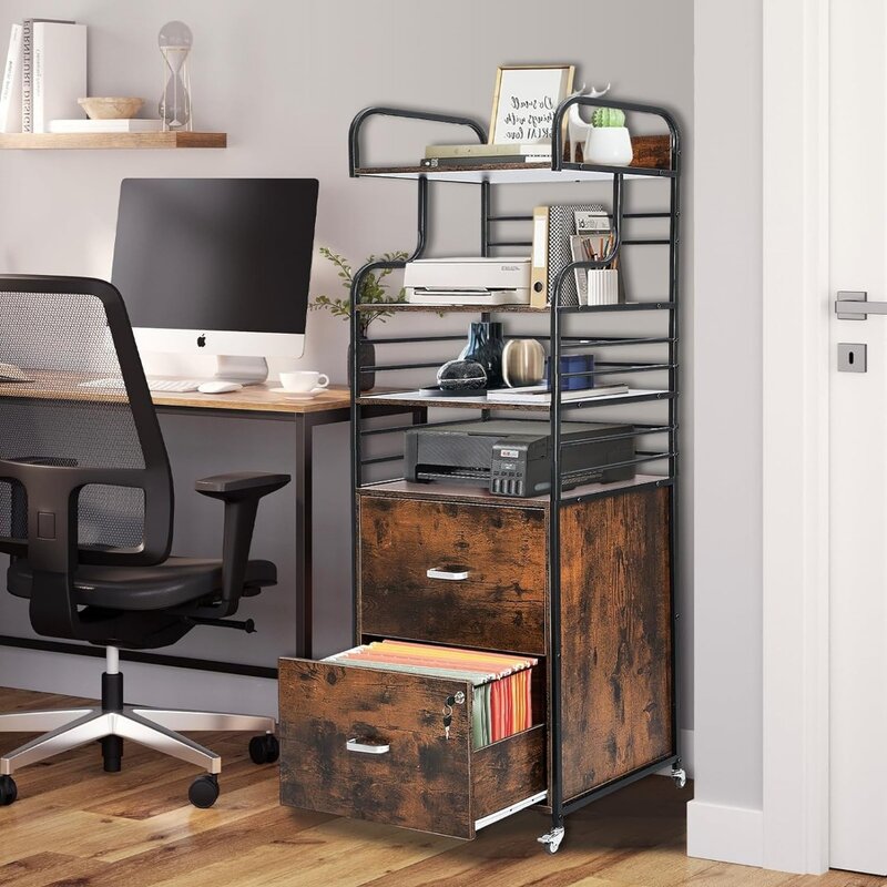 Vertical File Cabinet, 2 Drawer Mobile Filing Cabinet with 3 Bookshelf, Printer Stand with Open Storage Shelves Fits A4/Letter