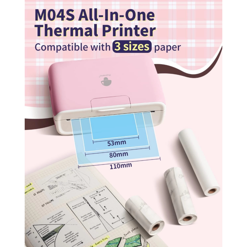 M04S Printer Label termal portabel, Printer kode batang nirkabel mendukung 53/80/110mm lebar cetak dengan 1 gulungan stiker