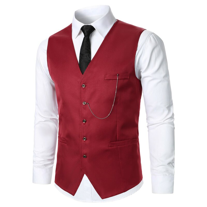 Colete casual formal de terno masculino, gola V, sem mangas, encaixe fino, cor sólida, peito único, jaqueta masculina de cavalo