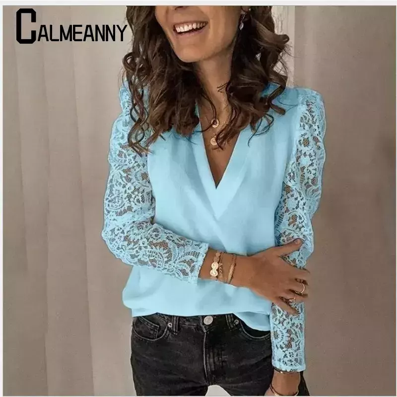 Women Blouse 2023 Spring Fashion Casual Loose Versatile Lace Elegant V Neck Patchwork Office Shirt Hollow Sleeve Street Pullover