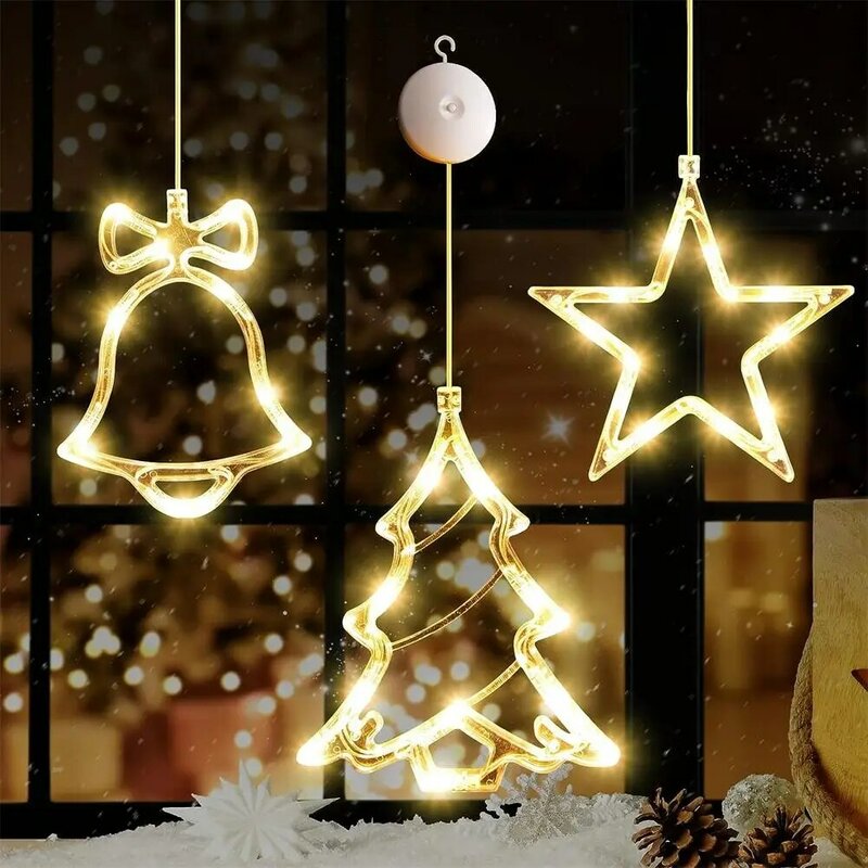 3Pcs Led Christmas Window Lights con ventose 3600 (K) lampada a ventosa a LED a forma di stella con campana ad albero alimentata a batteria