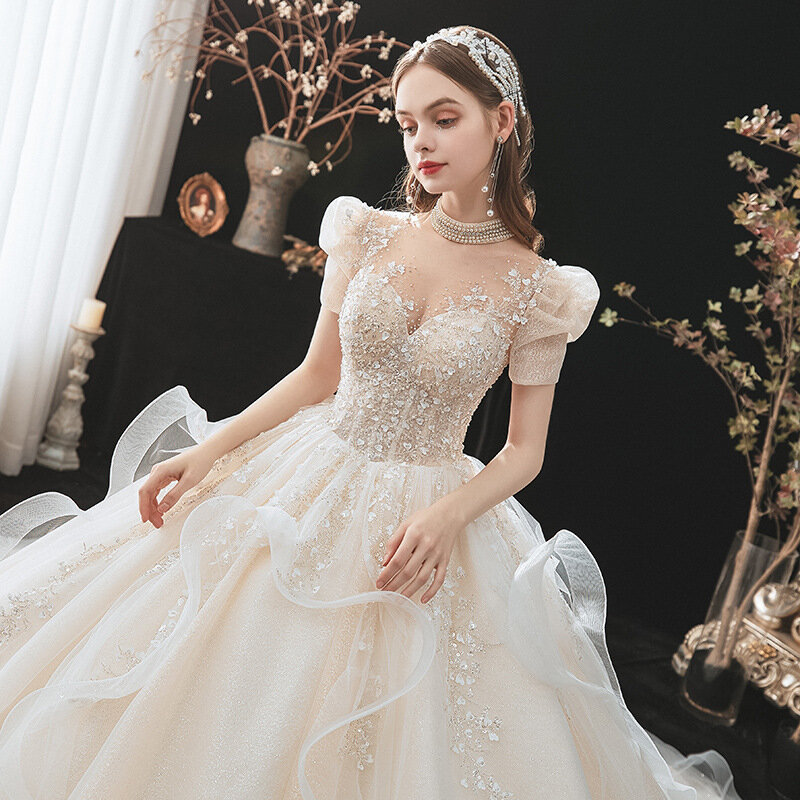Luxury Beading Wedding Dresses Gorgeous Appliques Chapel Train Ball Gown High Neck Puff Sleeve Vintage Wedding Bride Gowns