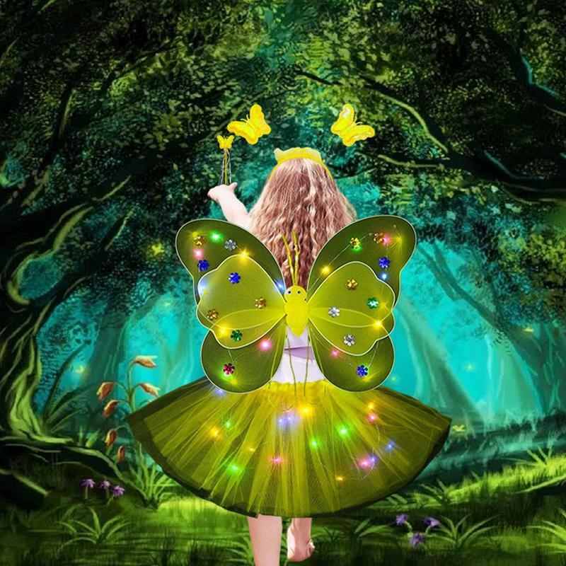 Fairy Princess Costume Fairy Dress Set con LED Light Up Girls Princess Fairy Costume Set con ali bacchetta e fascia per bambini