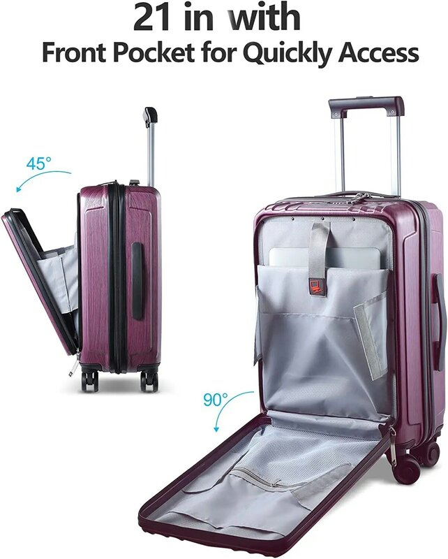 Juego de equipaje con bolsillo frontal para portátil, maleta rígida ligera con ruedas giratorias, bloqueo TSA rojo, ABS y PC expandible, 21/28, 2 piezas