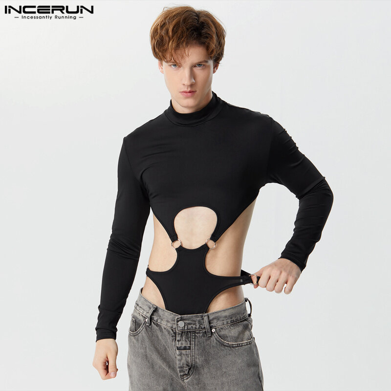 INCERUN Men Bodysuits Solid Hollow Out Turtleneck Long Sleeve Fashion Rompers Streetwear Sexy 2023 Male Irregular Bodysuit S-5XL