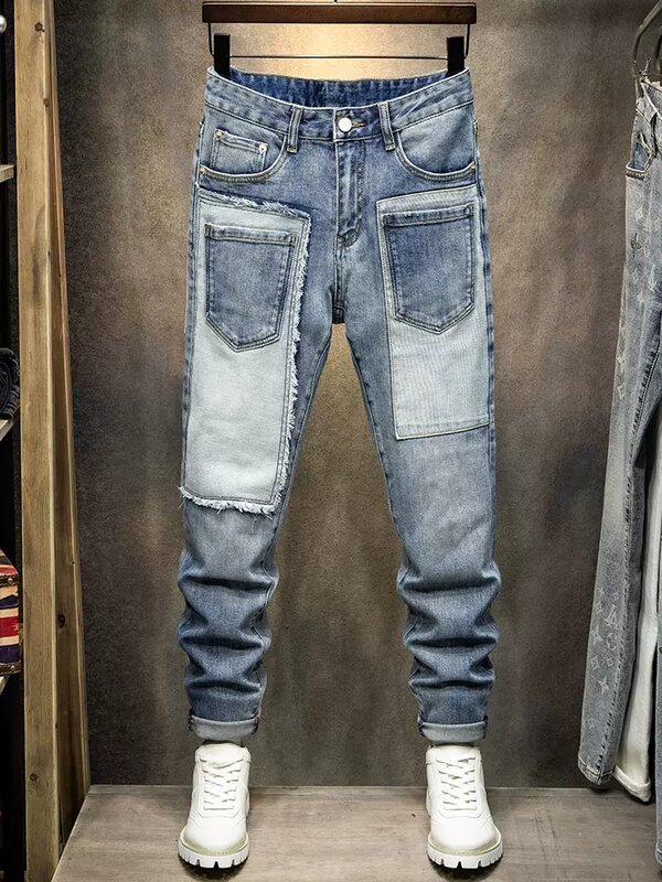 Jeans rasgado slim fit masculino, multi bolsos, calça jeans, designer emendado, retrô, azul, stretch, hip hop, moda, moda