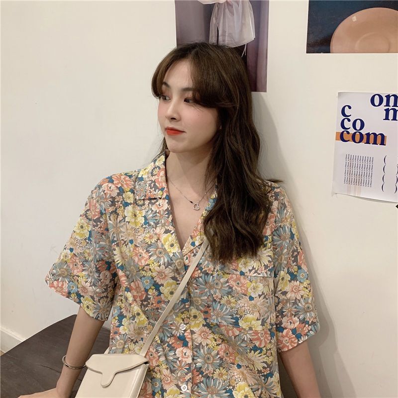 Casual Flower Pattern Floral Loose Notched Chiffon Regular Short Sleeve Female Women Shirts women clothes fashion trends 2022