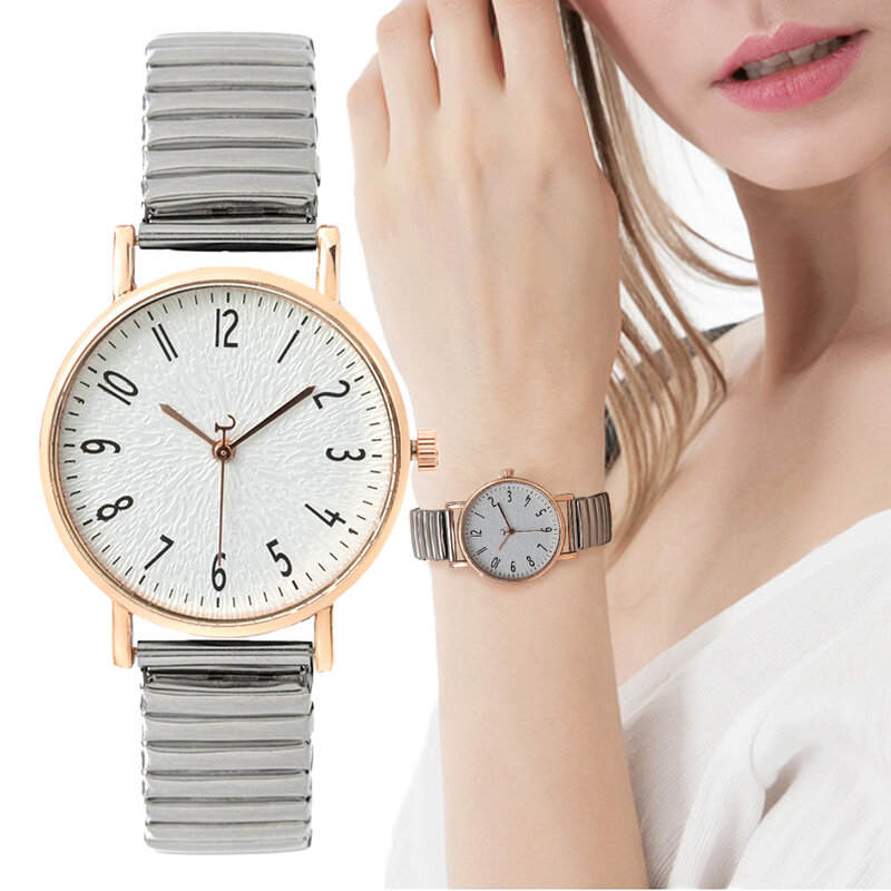 Women's Fashion Simple Digital Design Quartz Watch Casual Stainless Steel Stretch Buckleless Strap Ladies Clock Dress Watches
