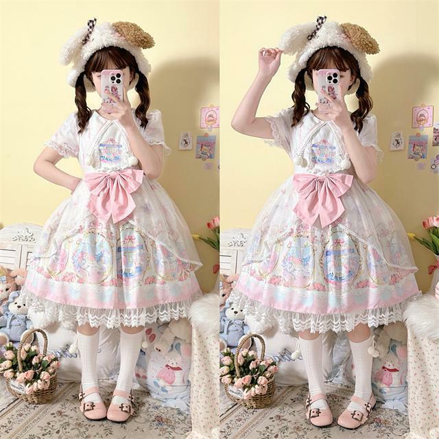Japanese Sweet Lolita OP Dress Summer Girls Cute Lace Bow Cartoon Print Tea Party Dresses Women Lovely Kawaii Chic Vestidos