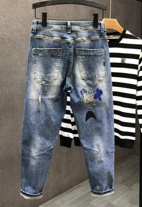 Men Jeans High Elasticity Trousers Youth Beggar Embroidery Patch Street Jeans