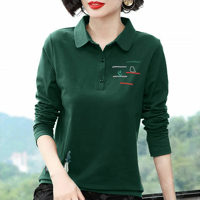 Elegant Fashion Embroidery Long Sleeve T-shirt Spring Women's Clothing Korean Casual Solid Color Button Polo-Neck Pullovers Tops