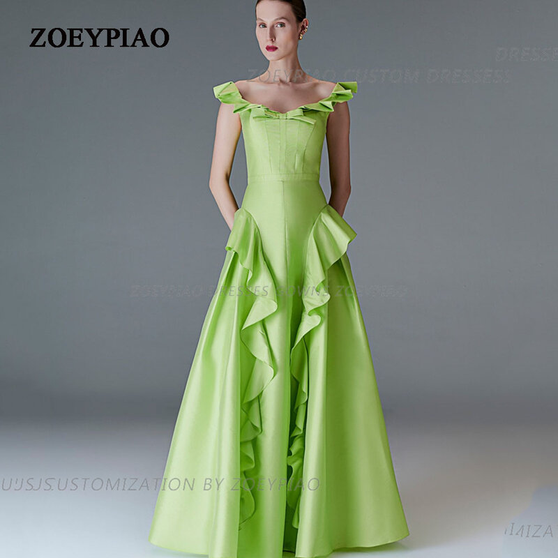 Lemo Green Long Satin Ruched Evening Dresses Long Sleeveless Ruffles Formal Prom Gowns Sleeveless Celebrity Dresses For Women