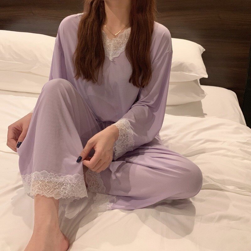 Conjuntos de pijama de encaje con cuello en V para mujer, Top de manga larga, pantalones, ropa de dormir Kawaii, ropa de dormir Sexy, 2 piezas