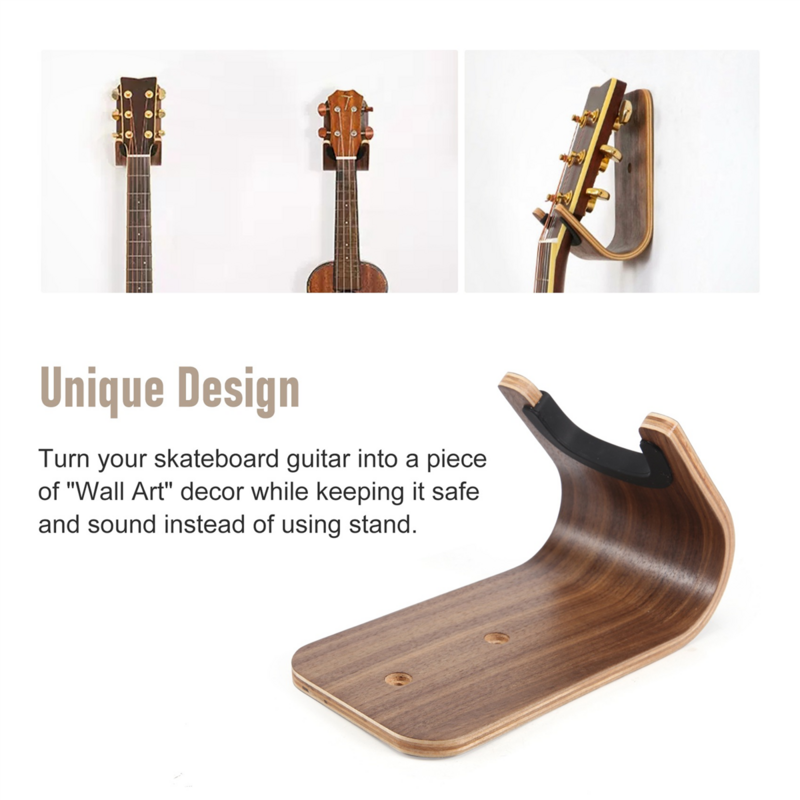 Colgador de pared de madera curvada para monopatín de guitarra, soporte de montaje en pared, accesorios de guitarra acústica, diseño único