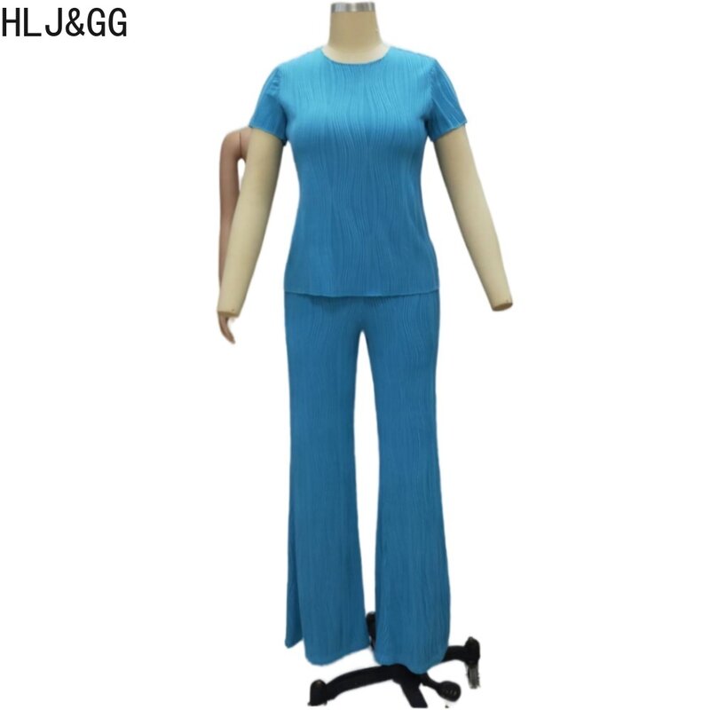 HLJ&GG Spring New Fashion Solid Color Two Piece Sets Women Round Neck Short Sleeve Top+Skinny Pants Outfits Female 2pcs Clothing